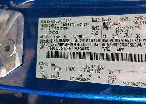 2017 Ford Escape Se z USA, uszkodzony, nr VIN 1FMCU0GD8HUE89855